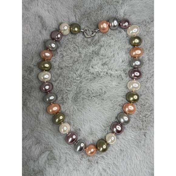 Multicolor Faux Pearl Beaded Necklace with Crystal Heart Clasp, 21" - Picture 1 of 5